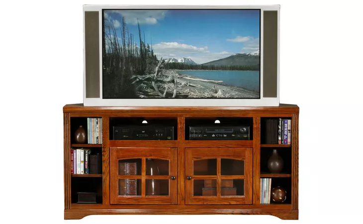 93765 66 CORNER ENTERTAINMENT CONSOLE, (CORNER OUT 46 3 4), 2 PLAIN GLASS DOORS, 4 FIXED WOOD SHELVES, DECORATIVE MOLDING, PLAIN BASE*GLASS*PL*FINSISH*CC, DK, LT, MD, SO, UN, CR, CM EAGLE  93765