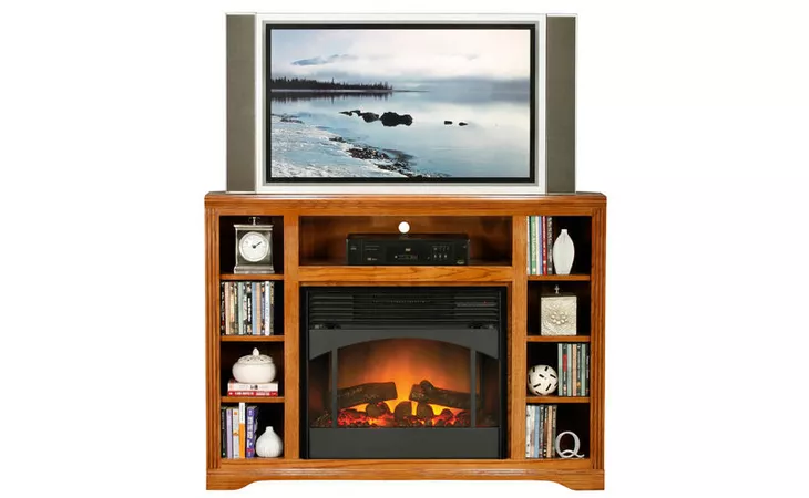 93957 TALL 55 CORNER ENTERTAINMENT CONSOLE WITH FIREPLACE, (CORNER OUT 39), 6 FIXED WOOD SHELVES, DECORATIVE MOLDING, PLAIN BASE*GLASS*NG*FINSISH*CC, DK, LT, MD, SO, UN, CR, CM EAGLE  93957