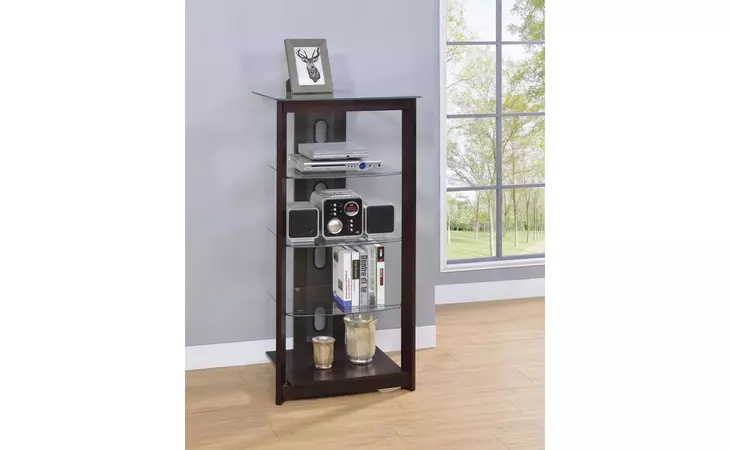 700322  DARK BROWN MEDIA TOWER WITH GLASS SHELVES