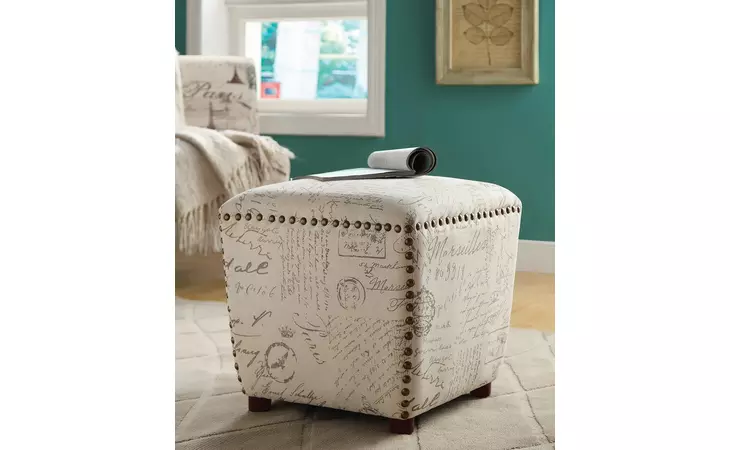 501108  UPHOLSTERED OTTOMAN WITH NAILHEAD TRIM OFF WHITE AND GREY