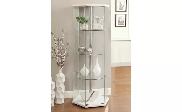 950001  4-SHELF HEXAGON SHAPED CURIO CABINET WHITE AND CLEAR