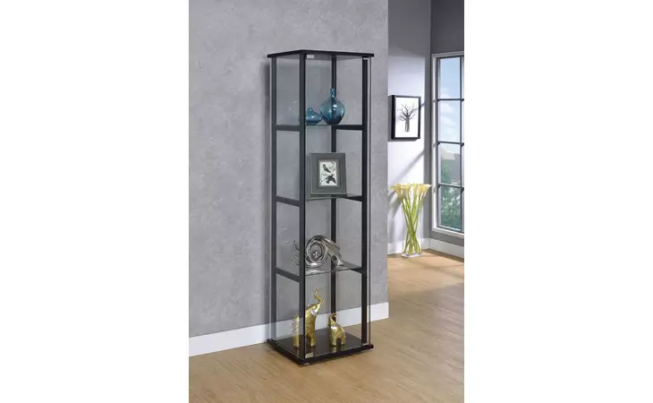 950171  4-SHELF GLASS CURIO CABINET BLACK AND CLEAR