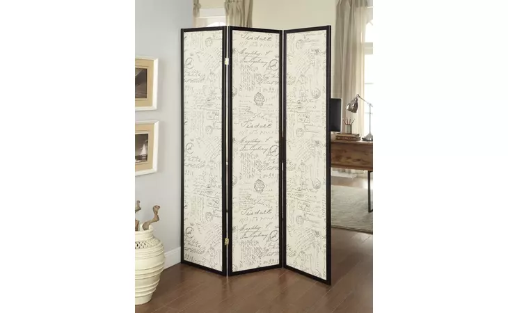 900074  3-PANEL FRENCH SCRIPT PRINT FOLDING SCREEN ESPRESSO