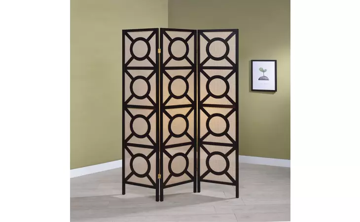 900090  3-PANEL GEOMETRIC FOLDING SCREEN TAN AND CAPPUCCINO