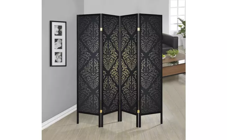 901632  4-PANEL DAMASK PATTERN FOLDING SCREEN BLACK